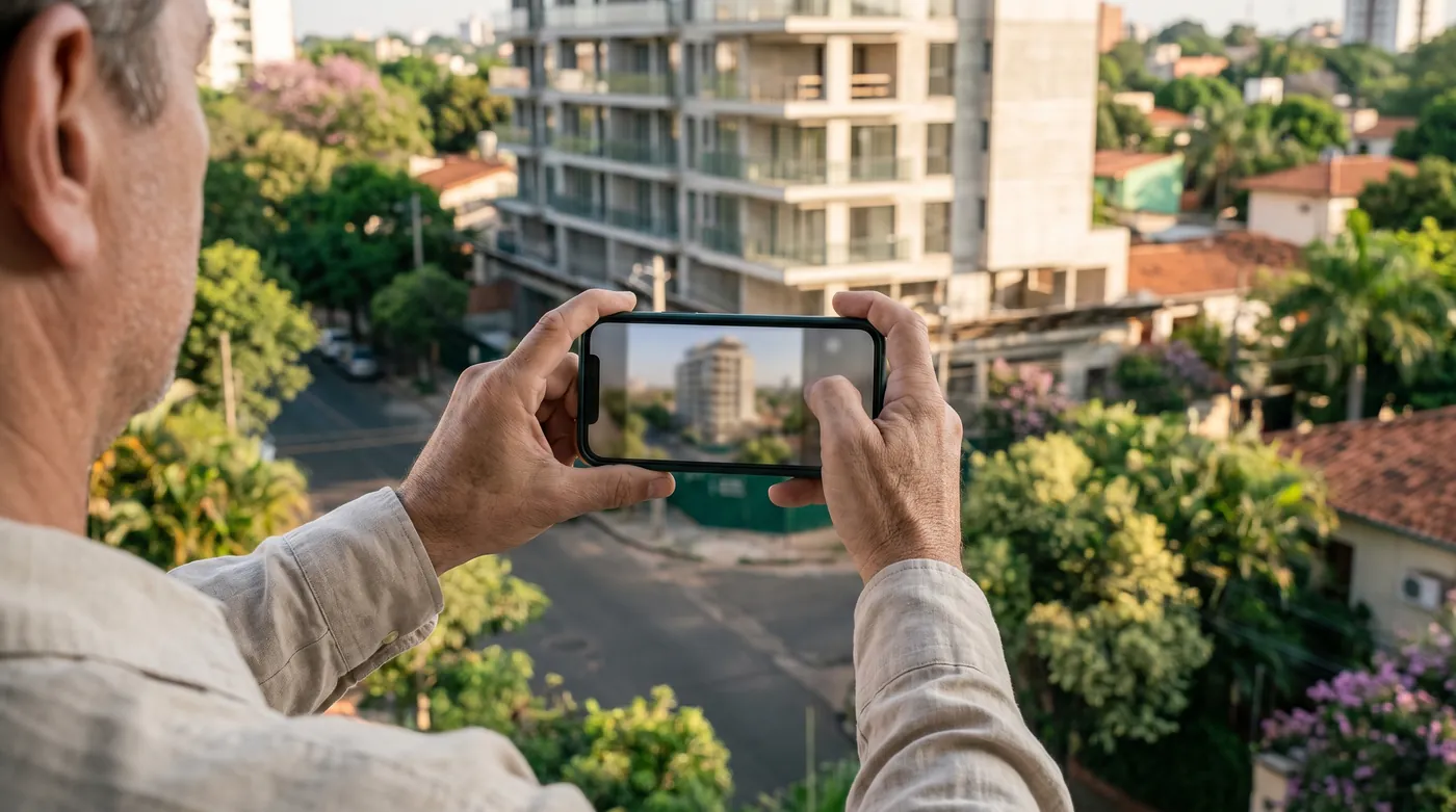 Real estate agent photographing the progress of a residential construction site in Asuncion with a smartphone