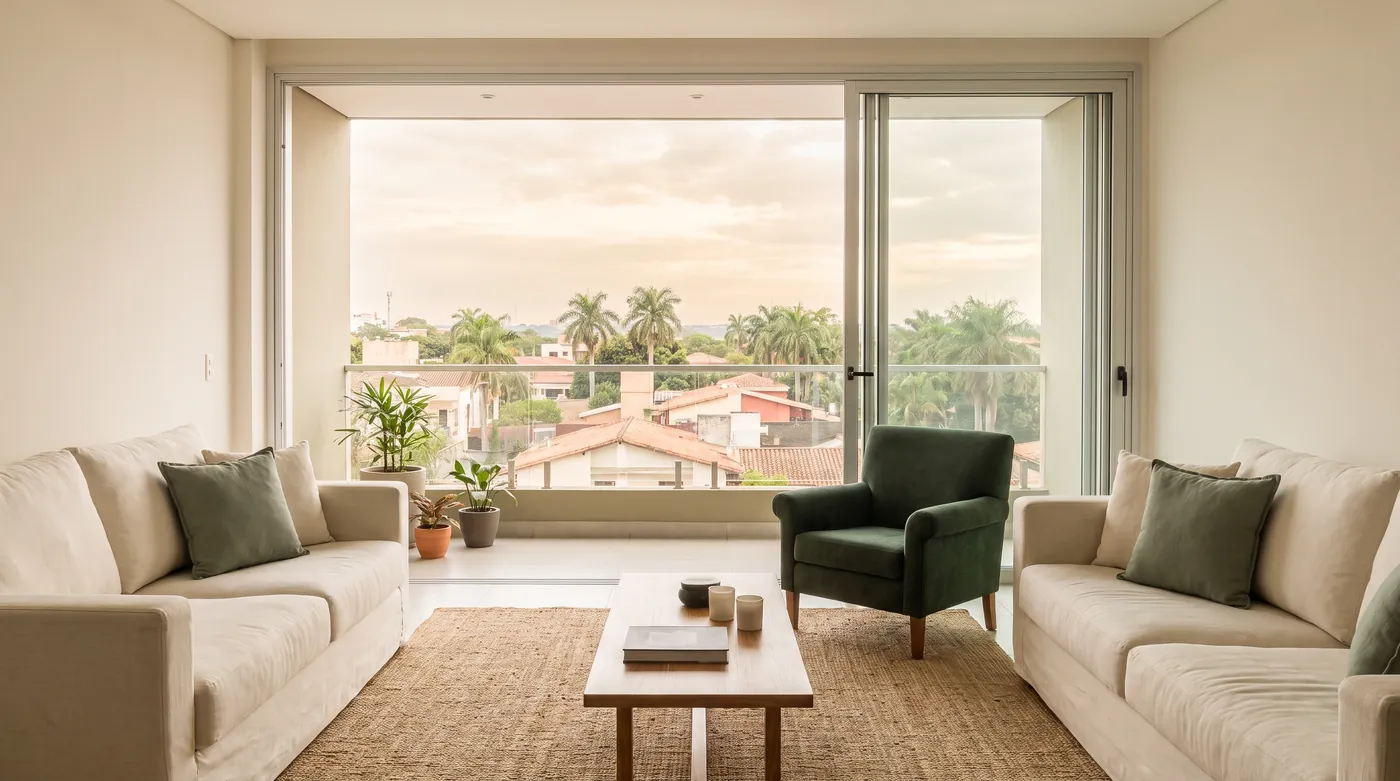 Salon lumineux d'un appartement moderne à Asunción, baie vitrée ouverte sur les toits et les palmiers de la ville