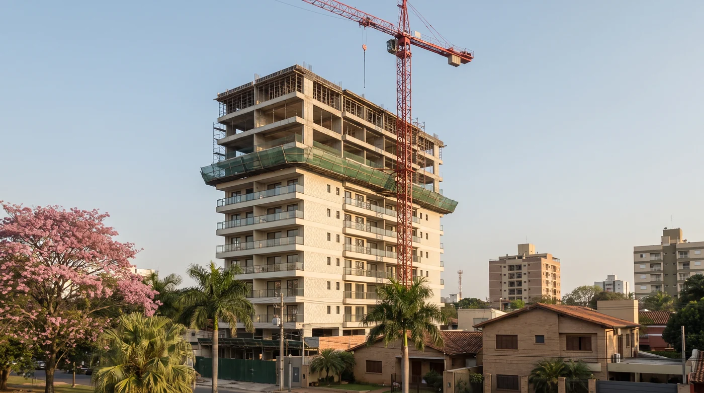 New residential building under construction in Asuncion, with a crane, in soft natural light