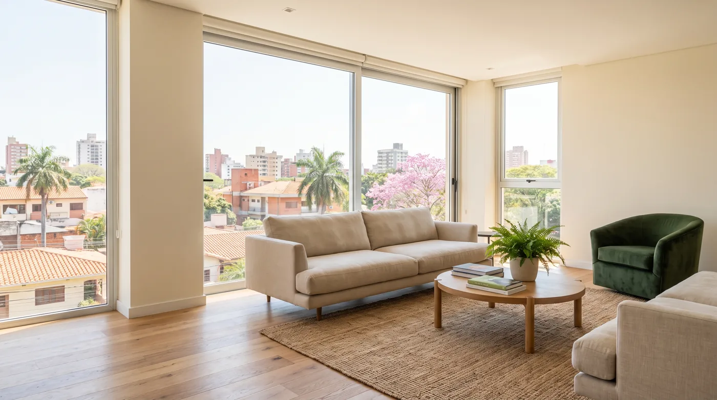 Edificio residencial moderno en Asunción bajo una luz natural suave, fachada crema y cristal
