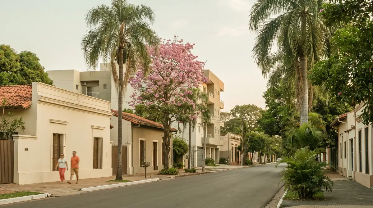 Rue résidentielle d'Asunción avec maisons crépies, immeuble récent, palmiers et lapacho en fleur